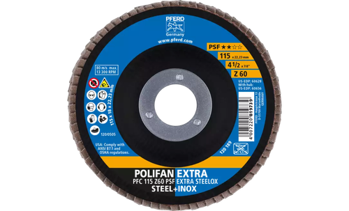 Pferd 60628 Polifan Flap Disc | 7/8" Arbor Hole | 4-1/2" Diameter | Zirconia Alumina 60 Grit | Type 29 | Sold by Box of 10