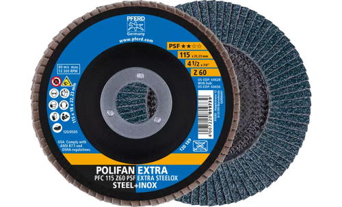 Pferd 60628 Polifan Flap Disc | 7/8" Arbor Hole | 4-1/2" Diameter | Zirconia Alumina 60 Grit | Type 29 | Sold by Box of 10