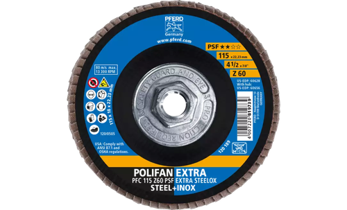 Pferd 60656 Polifan Flap Disc | 5/8-11" Arbor Hole | 4-1/2" Diameter | Zirconia Alumina 60 Grit | Type 29 | Sold by Box of 10