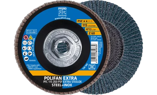 Pferd 60656 Polifan Flap Disc | 5/8-11" Arbor Hole | 4-1/2" Diameter | Zirconia Alumina 60 Grit | Type 29 | Sold by Box of 10