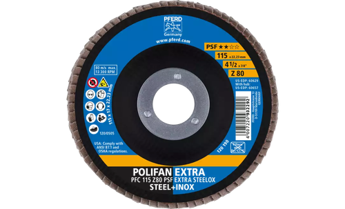 Pferd 60629 Polifan Flap Disc | 7/8" Arbor Hole | 4-1/2" Diameter | Zirconia Alumina 80 Grit | Type 29 | Sold by Box of 10