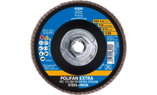Pferd 60657 Polifan Flap Disc | 5/8-11" Arbor Hole | 4-1/2" Diameter | Zirconia Alumina 80 Grit | Type 29 | Sold by Box of 10