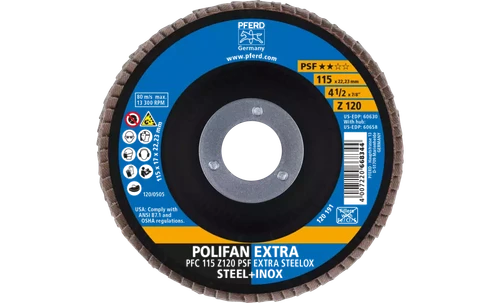 Pferd 60630 Polifan Flap Disc | 7/8" Arbor Hole | 4-1/2" Diameter | Zirconia Alumina 120 Grit | Type 29 | Sold by Box of 10
