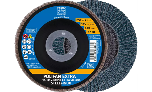 Pferd 60630 Polifan Flap Disc | 7/8" Arbor Hole | 4-1/2" Diameter | Zirconia Alumina 120 Grit | Type 29 | Sold by Box of 10
