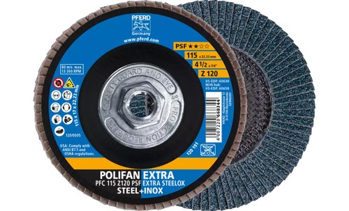 Pferd 60658 Polifan Flap Disc | 5/8-11" Arbor Hole | 4-1/2" Diameter | Zirconia Alumina 120 Grit | Type 29 | Sold by Box of 10