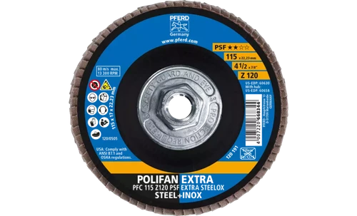Pferd 60658 Polifan Flap Disc | 5/8-11" Arbor Hole | 4-1/2" Diameter | Zirconia Alumina 120 Grit | Type 29 | Sold by Box of 10