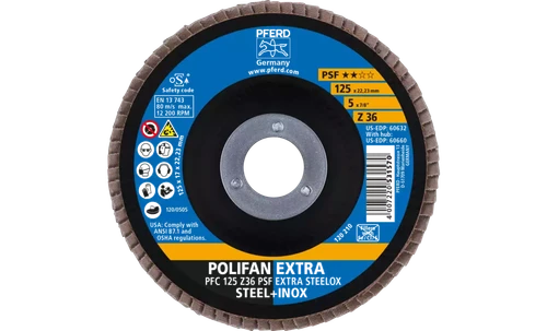 Pferd 60632 Polifan Flap Disc | 7/8" Arbor Hole | 5" Diameter | Zirconia Alumina 36 Grit | Type 29 | Sold by Box of 10
