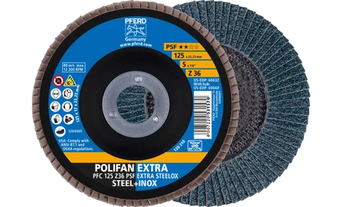 Pferd 60632 Polifan Flap Disc | 7/8" Arbor Hole | 5" Diameter | Zirconia Alumina 36 Grit | Type 29 | Sold by Box of 10