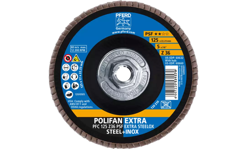 Pferd 60660 Polifan Flap Disc | 5/8-11" Arbor Hole | 5" Diameter | Zirconia Alumina 36 Grit | Type 29 | Sold by Box of 10