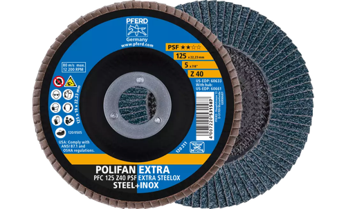 Pferd 60633 Polifan Flap Disc | 7/8" Arbor Hole | 5" Diameter | Zirconia Alumina 40 Grit | Type 29 | Sold by Box of 10