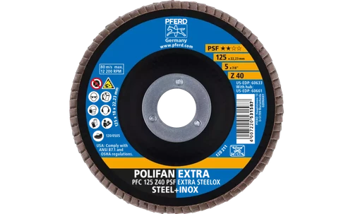 Pferd 60633 Polifan Flap Disc | 7/8" Arbor Hole | 5" Diameter | Zirconia Alumina 40 Grit | Type 29 | Sold by Box of 10