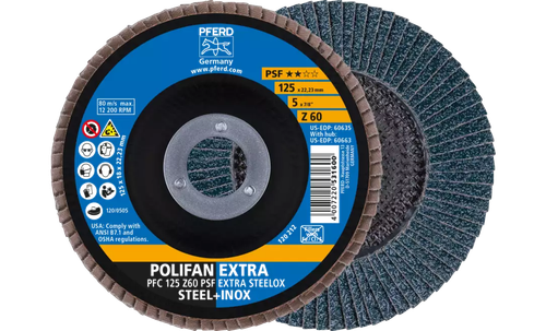 Pferd 60635 Polifan Flap Disc | 7/8" Arbor Hole | 5" Diameter | Zirconia Alumina 60 Grit | Type 29 | Sold by Box of 10