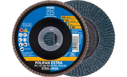 Pferd 60636 Polifan Flap Disc | 7/8" Arbor Hole | 5" Diameter | Zirconia Alumina 80 Grit | Type 29 | Sold by Box of 10