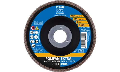 Pferd 60637 Polifan Flap Disc | 7/8" Arbor Hole | 5" Diameter | Zirconia Alumina 120 Grit | Type 29 | Sold by Box of 10