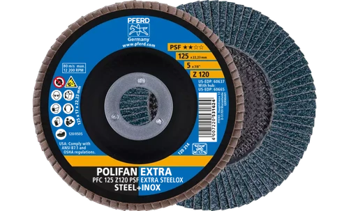 Pferd 60637 Polifan Flap Disc | 7/8" Arbor Hole | 5" Diameter | Zirconia Alumina 120 Grit | Type 29 | Sold by Box of 10