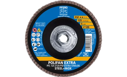 Pferd 60665 Polifan Flap Disc | 5/8-11" Arbor Hole | 5" Diameter | Zirconia Alumina 120 Grit | Type 29 | Sold by Box of 10