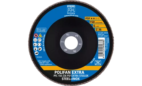 Pferd 60639 Polifan Flap Disc | 7/8" Arbor Hole | 6" Diameter | Zirconia Alumina 36 Grit | Type 29 | Sold by Box of 10