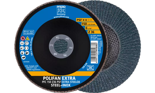 Pferd 60639 Polifan Flap Disc | 7/8" Arbor Hole | 6" Diameter | Zirconia Alumina 36 Grit | Type 29 | Sold by Box of 10