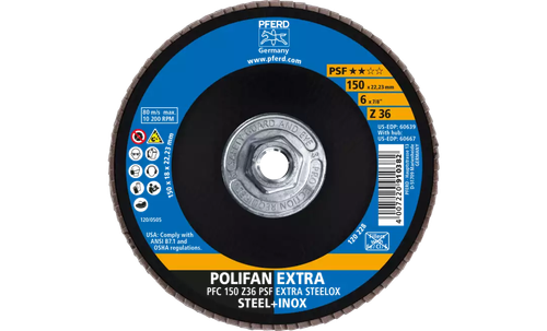 Pferd 60667 Polifan Flap Disc | 5/8-11" Arbor Hole | 6" Diameter | Zirconia Alumina 36 Grit | Type 29 | Sold by Box of 10