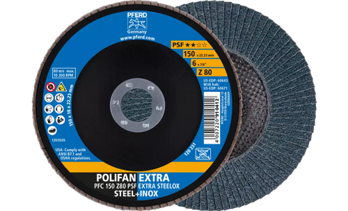 Pferd 60643 Polifan Flap Disc | 7/8" Arbor Hole | 6" Diameter | Zirconia Alumina 80 Grit | Type 29 | Sold by Box of 10