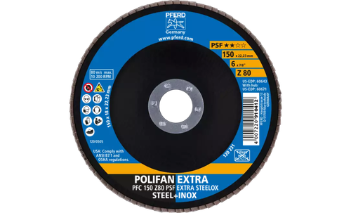 Pferd 60643 Polifan Flap Disc | 7/8" Arbor Hole | 6" Diameter | Zirconia Alumina 80 Grit | Type 29 | Sold by Box of 10