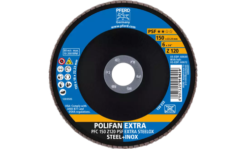 Pferd 60644 Polifan Flap Disc | 7/8" Arbor Hole | 6" Diameter | Zirconia Alumina 120 Grit | Type 29 | Sold by Box of 10