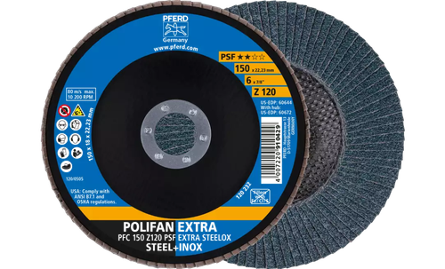 Pferd 60644 Polifan Flap Disc | 7/8" Arbor Hole | 6" Diameter | Zirconia Alumina 120 Grit | Type 29 | Sold by Box of 10