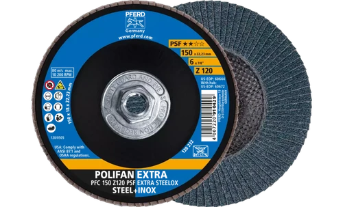 Pferd 60672 Polifan Flap Disc | 5/8-11" Arbor Hole | 6" Diameter | Zirconia Alumina 120 Grit | Type 29 | Sold by Box of 10