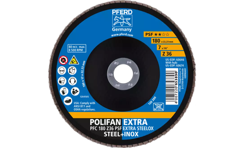 Pferd 60646 Polifan Flap Disc | 7/8" Arbor Hole | 7" Diameter | Zirconia Alumina 36 Grit | Type 29 | Sold by Box of 10