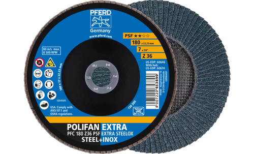 Pferd 60646 Polifan Flap Disc | 7/8" Arbor Hole | 7" Diameter | Zirconia Alumina 36 Grit | Type 29 | Sold by Box of 10