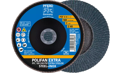 Pferd 60647 Polifan Flap Disc | 7/8" Arbor Hole | 7" Diameter | Zirconia Alumina 40 Grit | Type 29 | Sold by Box of 10