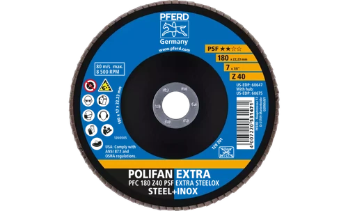 Pferd 60647 Polifan Flap Disc | 7/8" Arbor Hole | 7" Diameter | Zirconia Alumina 40 Grit | Type 29 | Sold by Box of 10