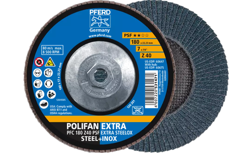 Pferd 60675 Polifan Flap Disc | 5/8-11" Arbor Hole | 7" Diameter | Zirconia Alumina 40 Grit | Type 29 | Sold by Box of 10