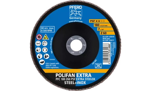 Pferd 60649 Polifan Flap Disc | 7/8" Arbor Hole | 7" Diameter | Zirconia Alumina 60 Grit | Type 29 | Sold by Box of 10