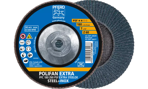 Pferd 60677 Polifan Flap Disc | 5/8-11" Arbor Hole | 7" Diameter | Zirconia Alumina 60 Grit | Type 29 | Sold by Box of 10