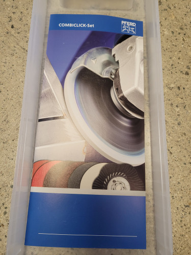 Pferd Combiclick set offers a variety of 4-1/2" fiber discs, surface conditioning discs, a back up pad, a bar of polishing paste