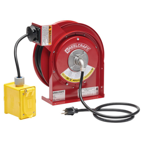 Reelcraft L 4545 123 7 Heavy Duty Power Cord Reel | 125 Volt / 15 Amp | 45 Ft. Cable Length | Duplex Outlet Box w/GFCI (F)
