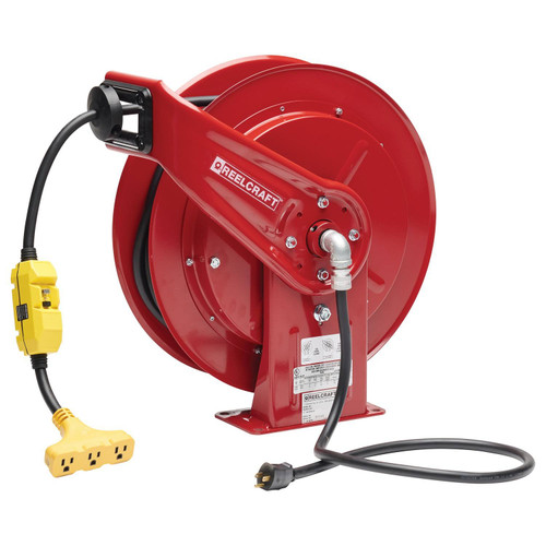 Reelcraft L 70100 123 9G Heavy Duty Power Cord Reel | 125 Volt / 15 Amp | 100 Ft. Cable Length | Triple Tap w/GFCI (F)