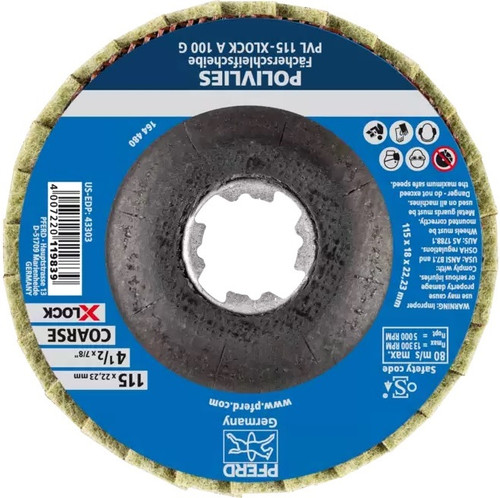PFERD 43303 Polivlies AO Flap Disc | 7/8" X-Lock | 4-1/2" Diameter | 13,300 RPM | 100 C Grit Size | Sold by Box of 5