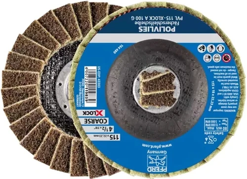 PFERD 43303 Polivlies AO Flap Disc | 7/8" X-Lock | 4-1/2" Diameter | 13,300 RPM | 100 C Grit Size | Sold by Box of 5