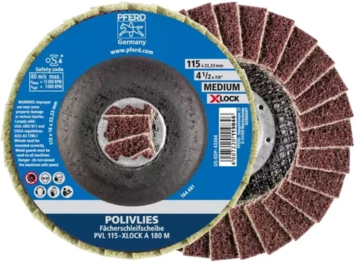 PFERD 43307 Polivlies AO Flap Disc | 5/8-11" X-Lock | 5" Diameter | 12,200 RPM | 180 M Grit Size | Sold by Box of 5