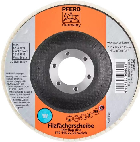 PFERD 48802 Polishing Soft Felt Flap Disc | 7/8" Arbor Hole | 4-1/2" Diameter | 8,350 RPM | Sold by Box of 5
