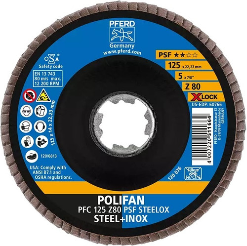 PFERD 60778 Polifan Flap Disc | 7/8" X-Lock | 5" Diameter | 12,200 RPM | 40 Grit Size | Sold by Box of 10