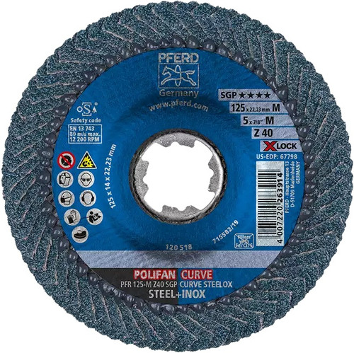 PFERD 67798 Polifan Flap Disc | 7/8" X-Lock | 5" Diameter | 12,200 RPM | 40 M Grit Size | Sold by Box of 10