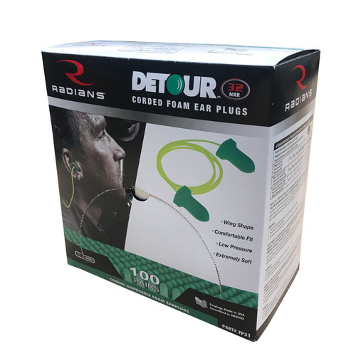 Radians Detour FP31 - Corded 32 NRR Disposable Foam Earplugs | Wing Shape | Green | Case of 10 Boxes of 100 Pairs in Each Box
