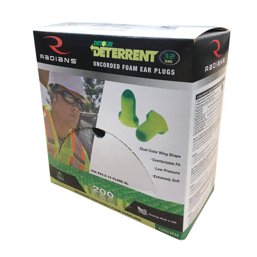Radians Deterrent FP34 - Uncorded 32 NRR Disposable Foam Earplugs | Wing Shape | Green/Yellow | Case of 10 Boxes of 200 Pairs in Each Box