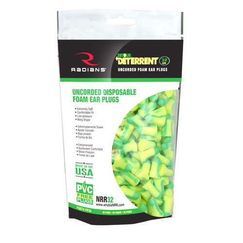 Radians FP34BG50 - Uncorded 32 NRR Disposable Foam Earplug Dispenser Refills | Wing Shape | Green/Yellow | Box of 6 Packs of 50 Pairs Each