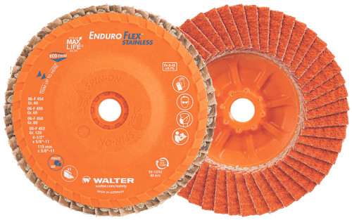 Walter Surface Technologies 15Q454 ENDURO-FLEX STAINLESS Flap Disc | 7/8" Arbor Hole | 4-1/2" Diameter | 13300 Max. RPM | Ceramic 40 Grit | Sold by Box of 10