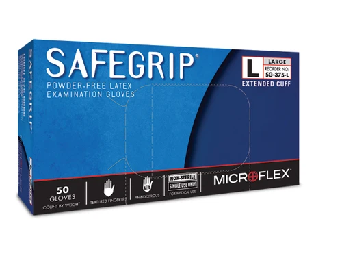 Ansell SG-375-L MICROFLEX SafeGrip Latex Medical Exam Gloves | Powder-Free | Blue | Large | Sold by Box of 50