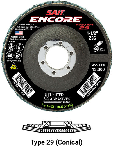 United Abrasives SAIT 79118 Encore Regular Density Flap Disc | 4-1/2" Diameter | 5/8"-11 Arbor Hole | Zirconium 60 Grit | Type 29 | Sold by Pack of 10